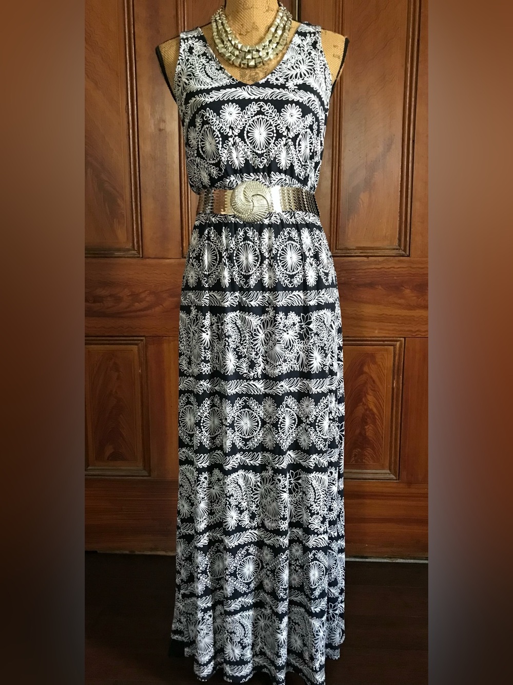 Vintage Boho Romance Hippie Gypsie Darkest Navy and White Floral Dress